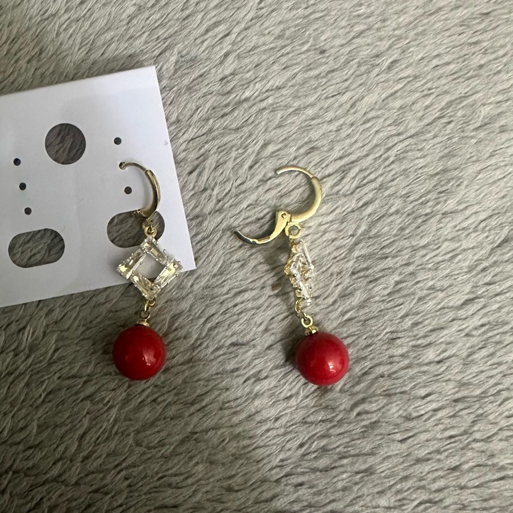 Gold-Tone Earrings with Red Bead Drops and Clear Crystal Frames